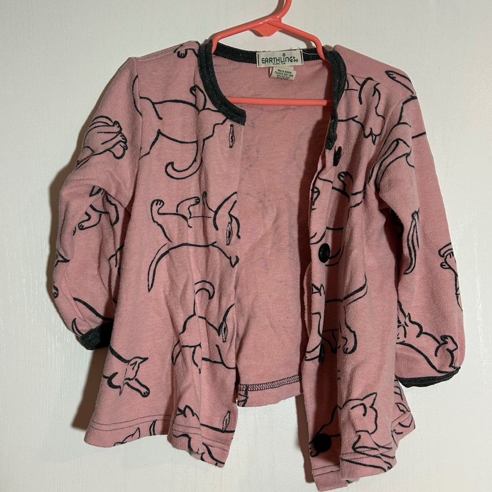 Earthlings Pink Cat Print Cardigan Kids Size 4T Cotton Organic Made in‎ USA